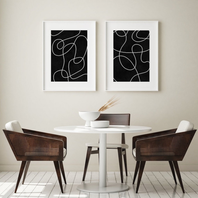Svartvitt minimalistiskt tryck set om 2, abstrakt linjekonst, digital nedladdning, klotterlinjeteckningsaffischset, utskrivbar väggkonst bild 2