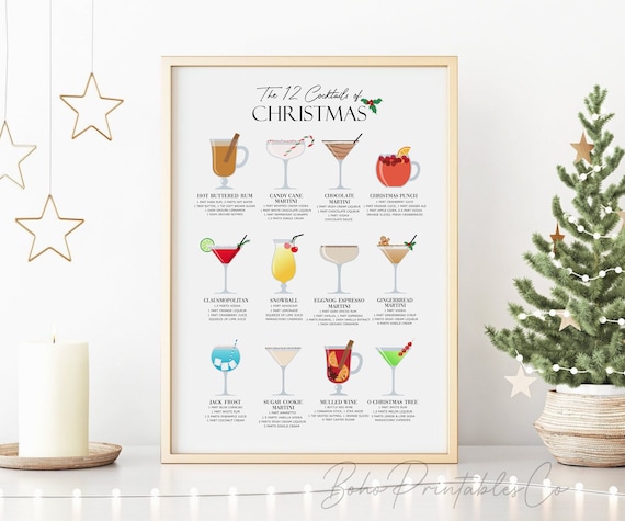 12 Cocktails of Christmas Print, Holiday Bar Cart Sign, DIGITAL