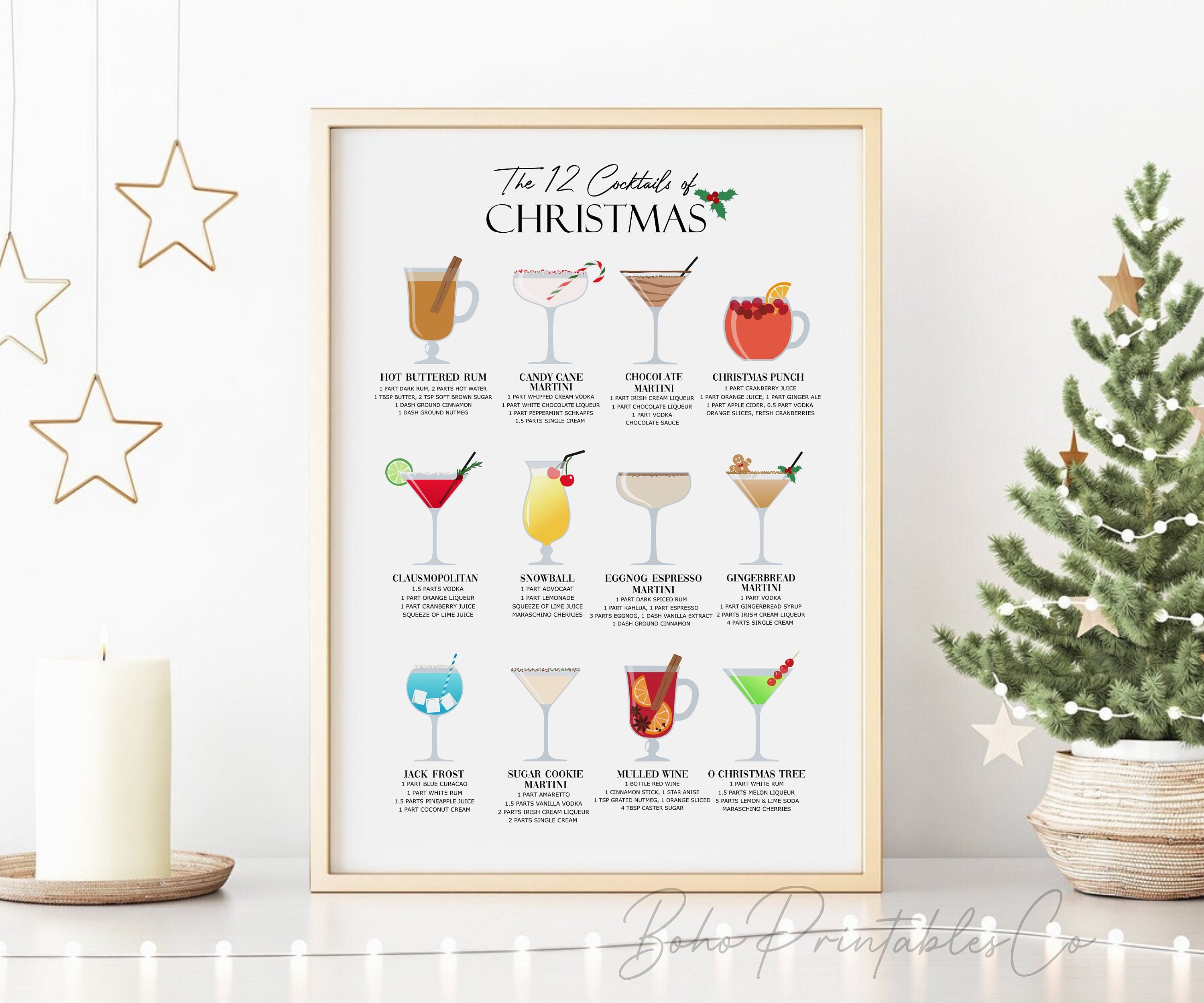 12 Cocktails of Christmas Print, Holiday Bar Cart Sign, DIGITAL