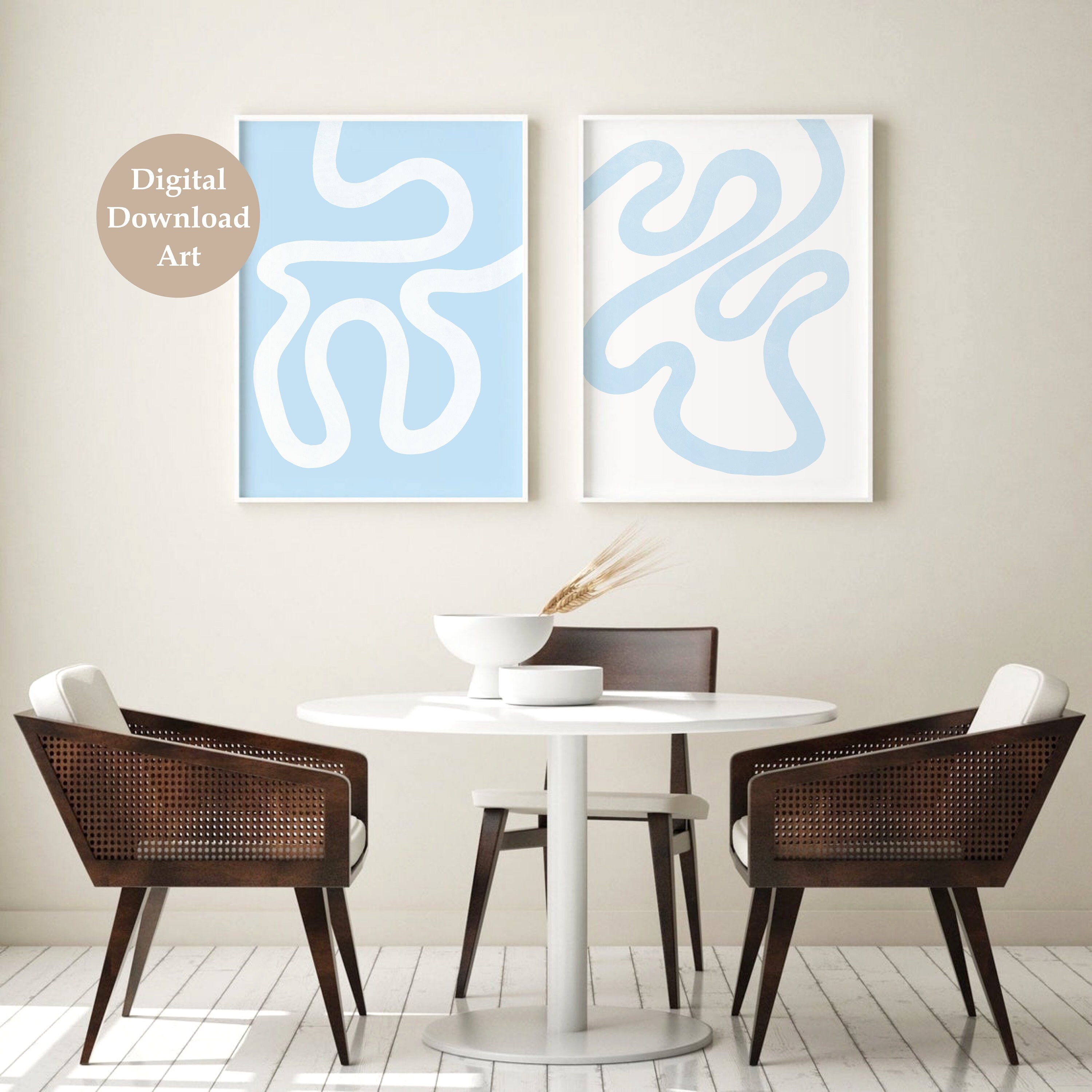 Light Blue and White Abstract Print Set of 2 Abstract Line - Etsy