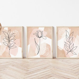 Neutral Botanical Print Set of 3, Abstract Boho Botanical Line Art ...