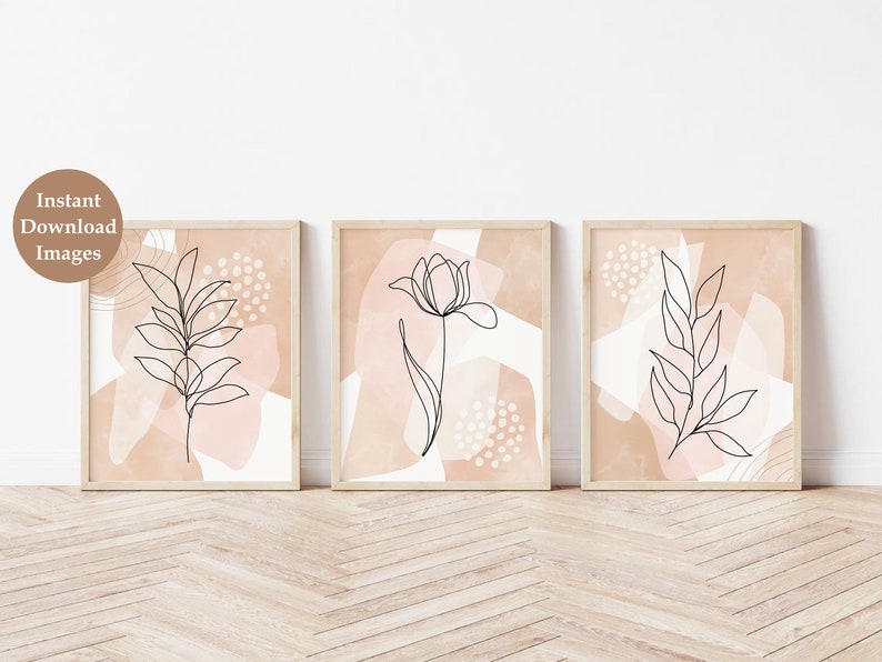 Neutral Botanical Print Set of 3, Abstract Boho Botanical Line Art ...