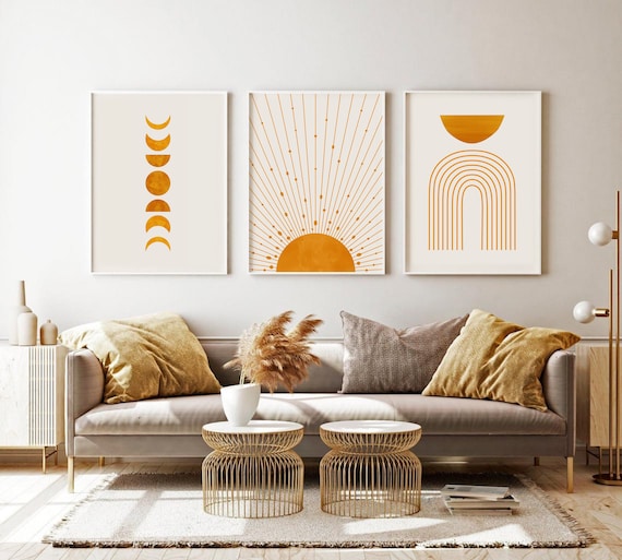 Celestial Print Set of 3, Sun Moon Phases Printable Wall Art, DIGITAL DOWNLOAD, Boho Gallery Wall Set, Mid Century Modern Art, Boho Decor