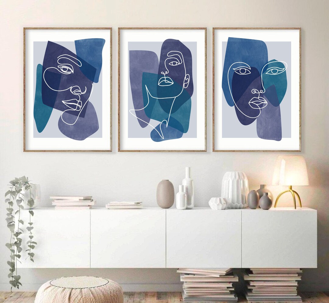 Blue Abstract Woman Print Set of 3, Geometric Abstract Wall Art Female ...