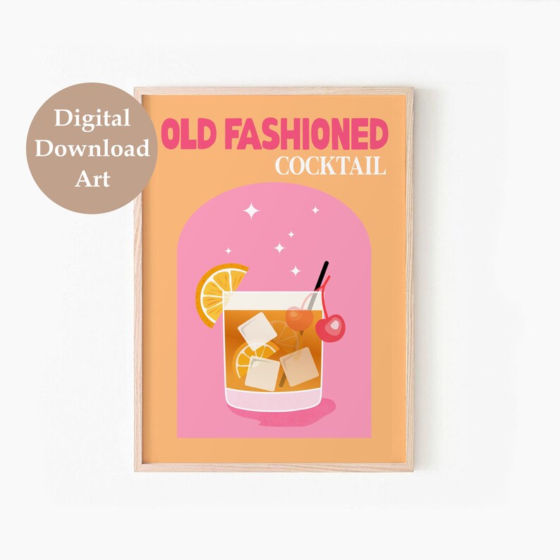Puede incluir: Una ilustraci&oacute;n digital de un c&oacute;ctel old fashioned con una cereza y una rodaja de naranja. El texto "OLD FASHIONED COCKTAIL" est&aacute; en la parte superior de la imagen.