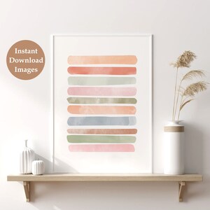 May include: Abstract art print with a white background and a stack of horizontal watercolor stripes in shades of pink, peach, green, and blue.