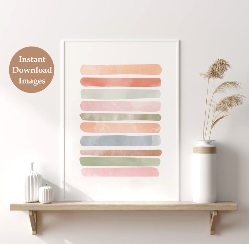 May include: Abstract art print with a white background and a stack of horizontal watercolor stripes in shades of pink, peach, green, and blue.