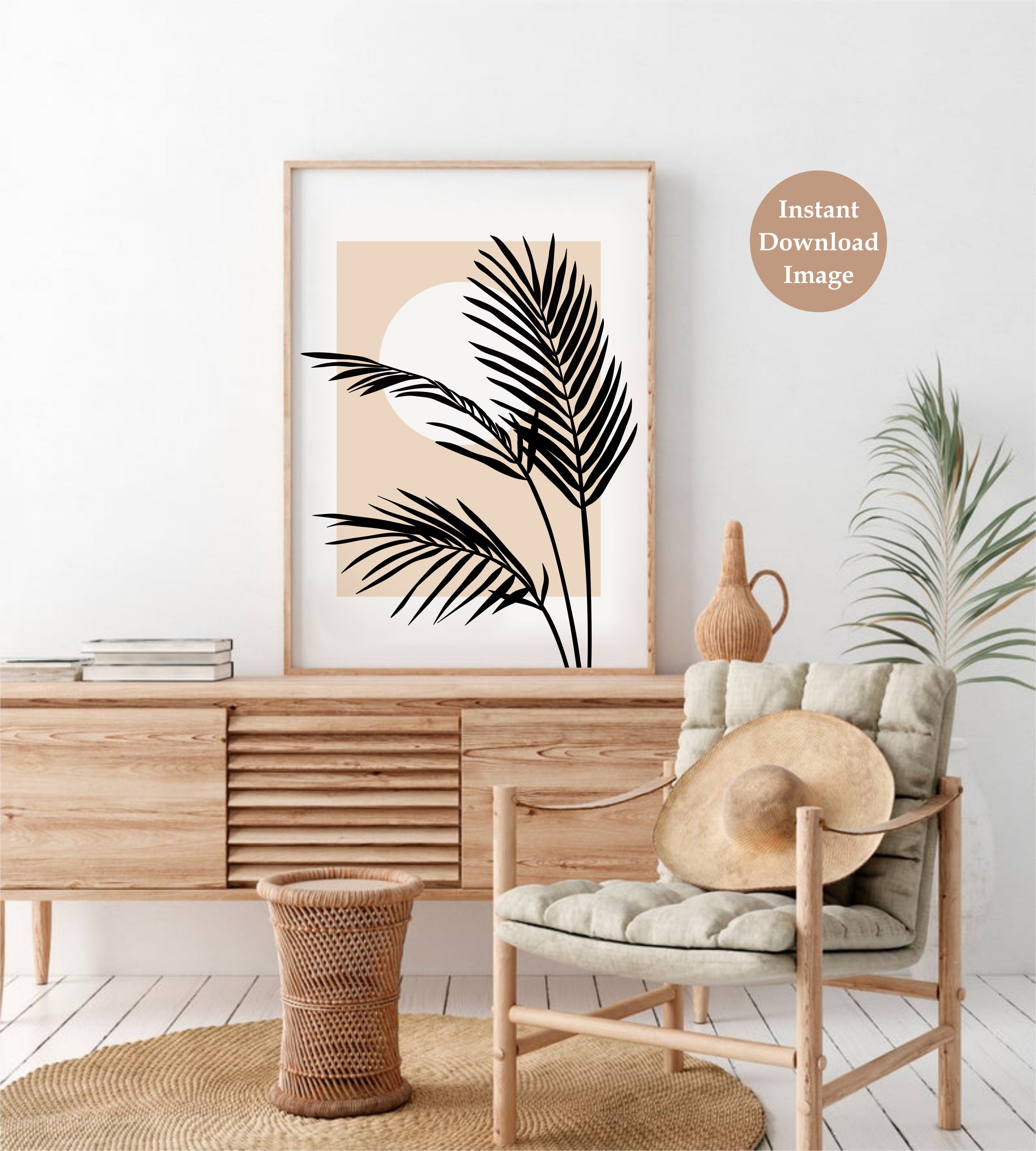 Abstract Botanical Printable Wall Art, Black Palm Leaf Print Neutral ...