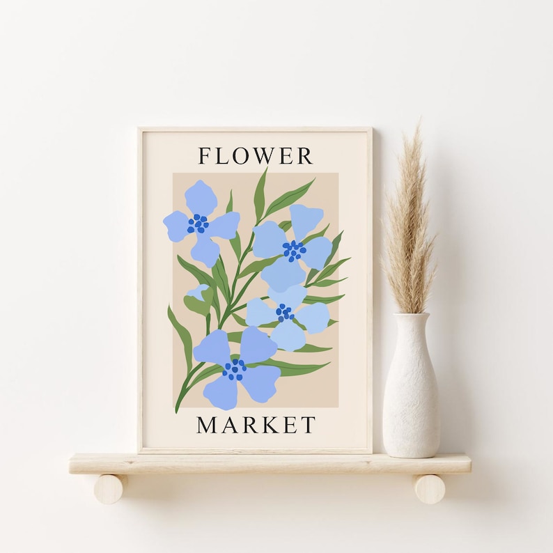 Blue Flower Market Print, Abstract Botanical Printable Wall Art, DIGITAL DOWNLOAD, Matisse Flower Market Poster, Modern Floral Print image 1