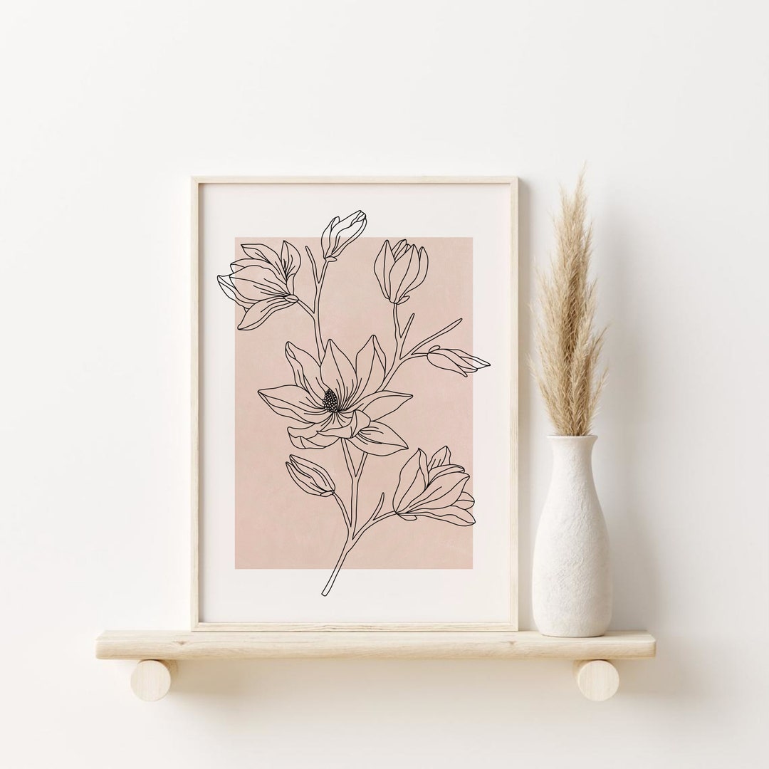 Botanical Line Art Print, Printable Wall Art, Neutral Tone Floral Line ...