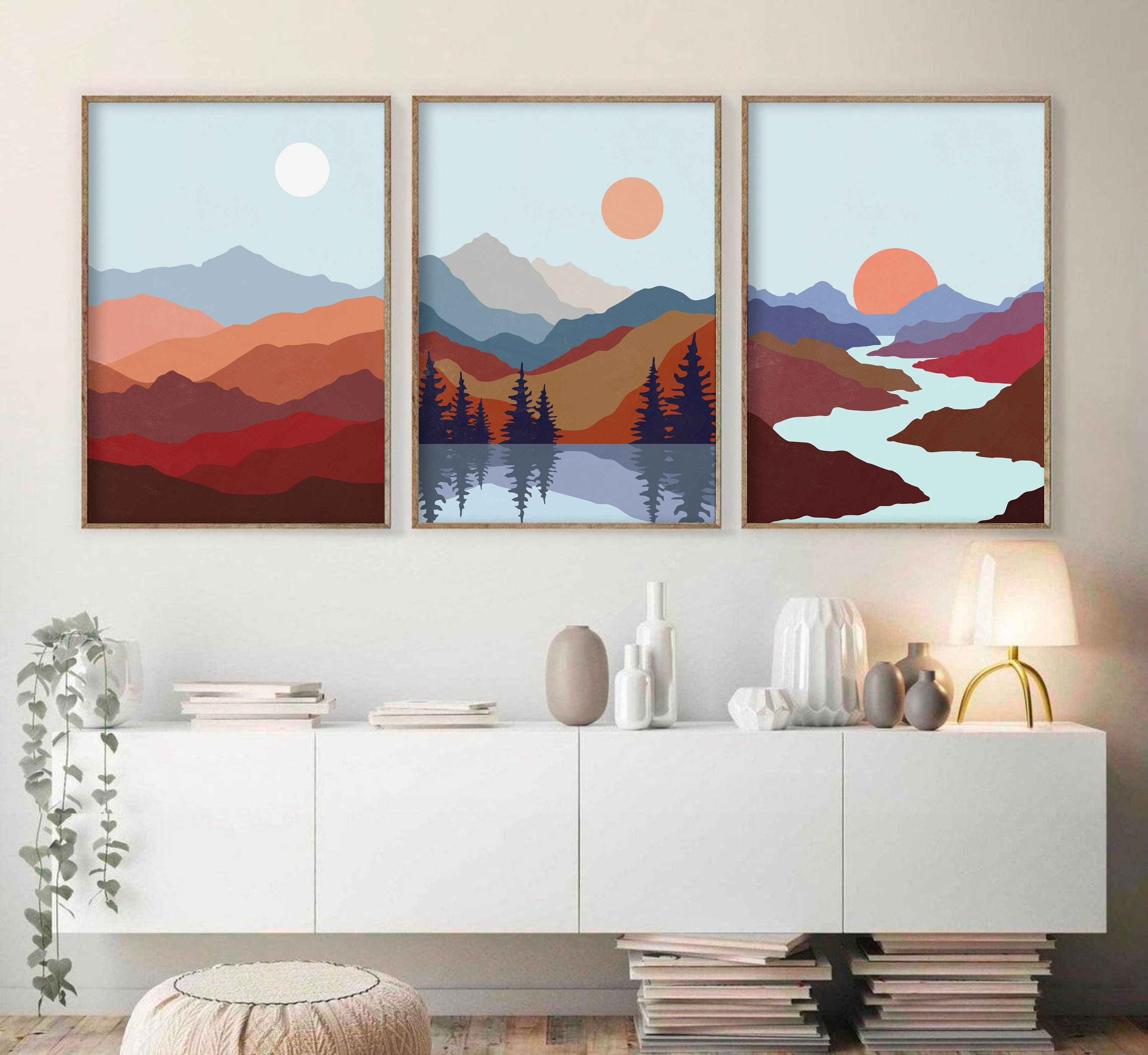 Abstract Landscape Printable Wall Art, Mountain Lake Print Set of 3 ...
