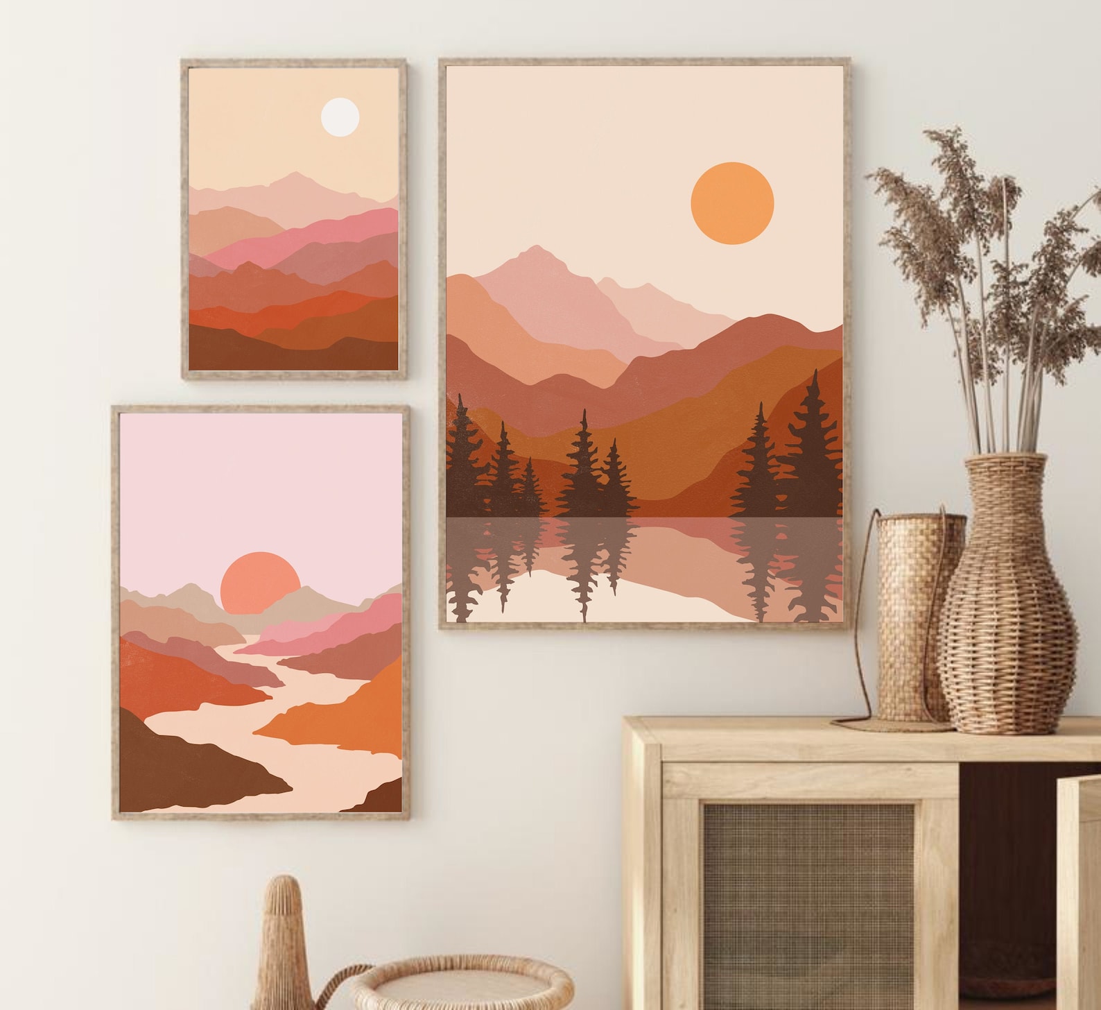 Abstract Mountain Printable Wall Art, Boho Landscape Prints Set of 3 ...