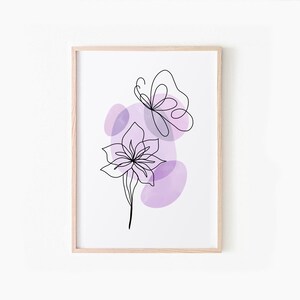 May include: A line drawing of a flower and butterfly with purple watercolour accents. The flower has five petals and a stem. The butterfly has two wings and is flying above the flower.