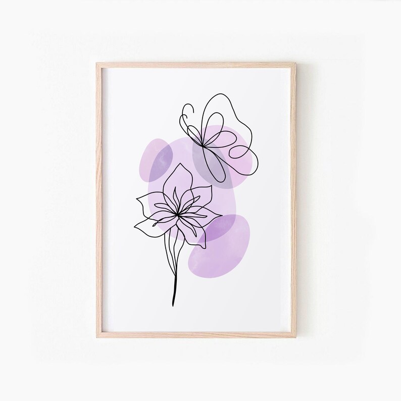 May include: A line drawing of a flower and butterfly with purple watercolour accents. The flower has five petals and a stem. The butterfly has two wings and is flying above the flower.
