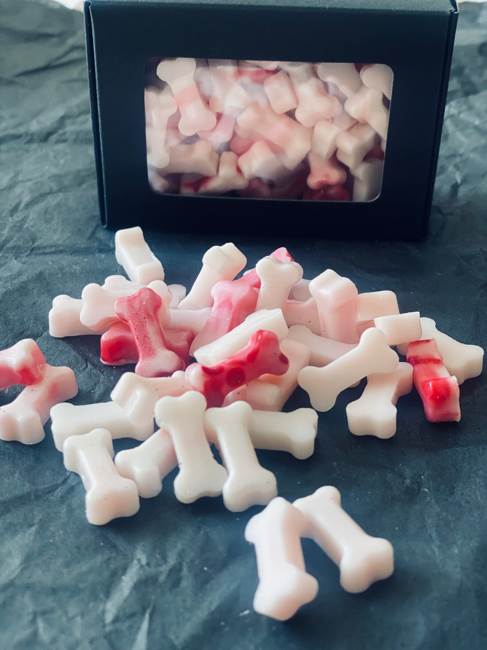 Box of bones. Strawberries and cream bone wax melts. Unique Etsy