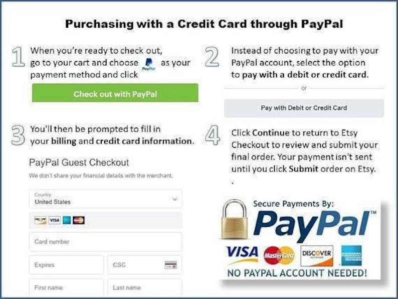 May include: A step-by-step guide on how to purchase with a credit card through PayPal. The image shows a screenshot of the PayPal checkout process, including a PayPal Guest Checkout form with fields for country, card number, expiration date, CSC, first name, and last name. The image also includes a padlock icon and the text "Secure Payments By: PayPal" with the PayPal logo and logos for Visa, Mastercard, Discover, and American Express. The text "NO PAYPAL ACCOUNT NEEDED!" is also included.