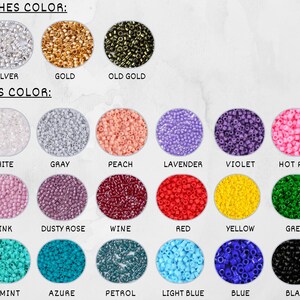 May include: A chart displaying various bead colours for jewellery making. The chart showcases 18 different bead colours, including silver, gold, old gold, white, grey, peach, lavender, violet, hot pink, pink, dusty rose, wine, red, yellow, green, mint, azure, petrol, light blue, blue, and black.