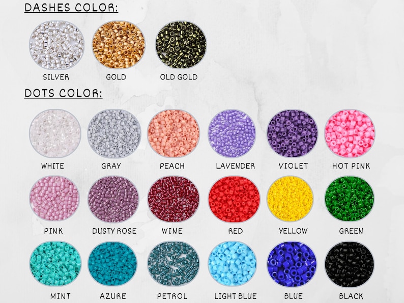 May include: A chart displaying various bead colours for jewellery making. The chart showcases 18 different bead colours, including silver, gold, old gold, white, grey, peach, lavender, violet, hot pink, pink, dusty rose, wine, red, yellow, green, mint, azure, petrol, light blue, blue, and black.