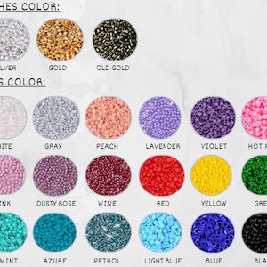May include: A chart showing different colors of beads for jewelry making. The chart shows 18 different colors of beads, including silver, gold, old gold, white, gray, peach, lavender, violet, hot pink, pink, dusty rose, wine, red, yellow, green, mint, azure, petrol, light blue, blue, and black.