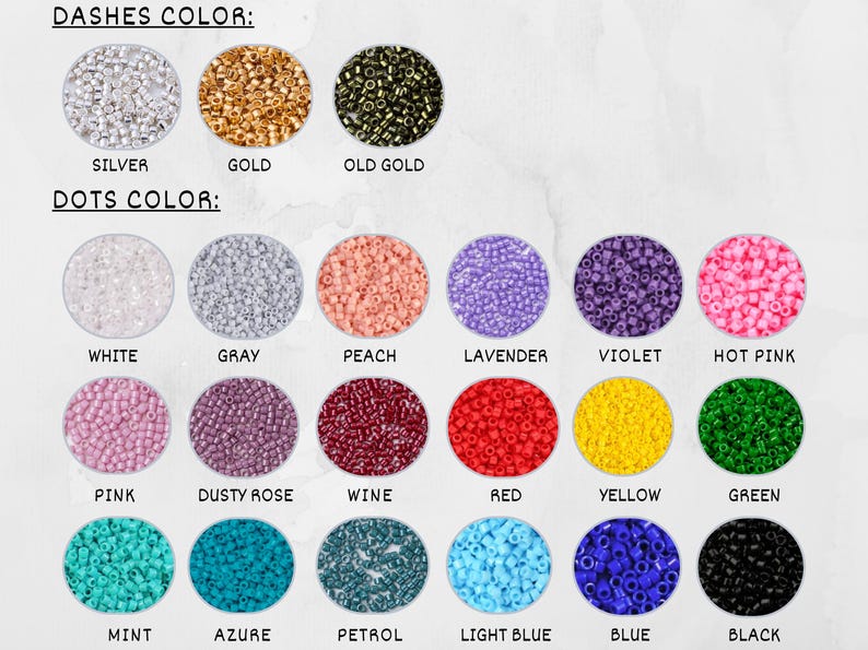 May include: A chart showing different colors of beads for jewelry making. The chart shows 18 different colors of beads, including silver, gold, old gold, white, gray, peach, lavender, violet, hot pink, pink, dusty rose, wine, red, yellow, green, mint, azure, petrol, light blue, blue, and black.