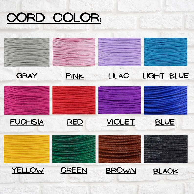 May include: A chart showing 12 different colors of cord, with the color name written below each sample. The colors are: gray, pink, lilac, light blue, fuchsia, red, violet, blue, yellow, green, brown, and black.