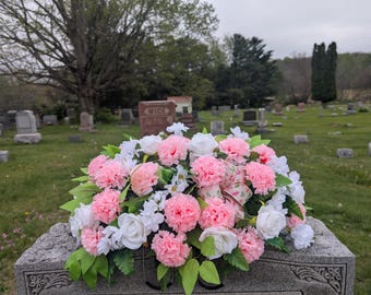 Small Pink & White Cemetery Saddle, Spring Memorial Flowers, Grave Headstone Saddle, Sympathy Arrangement, Mother’s Day Tribute