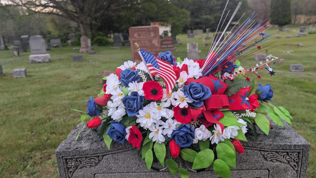 Patriotic Cemetery Saddle Arrangement, Red White Blue Memorial Flowers ...