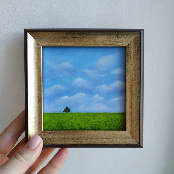 Clouds sky oil painting original art, minimalist landscape artwork, small 4x4 framed painting