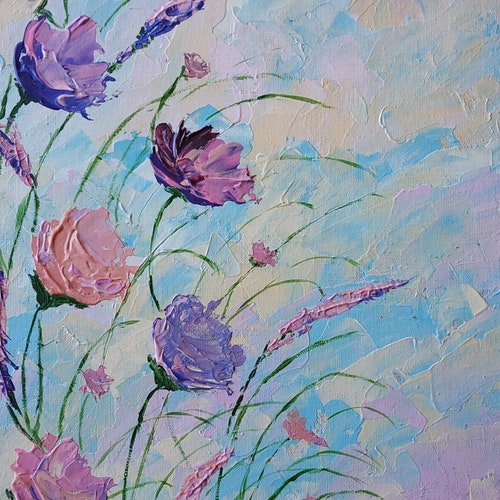 Abstract wildflowers painting original on canvas, meadow flowers impasto painting, blush pink floral art, gift shops for her