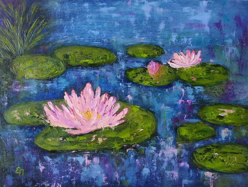 Water lilies oil painting original pink lotus pond wall art