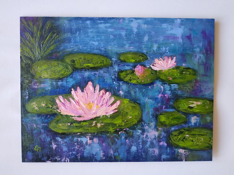 Water lilies oil painting original pink lotus pond wall art