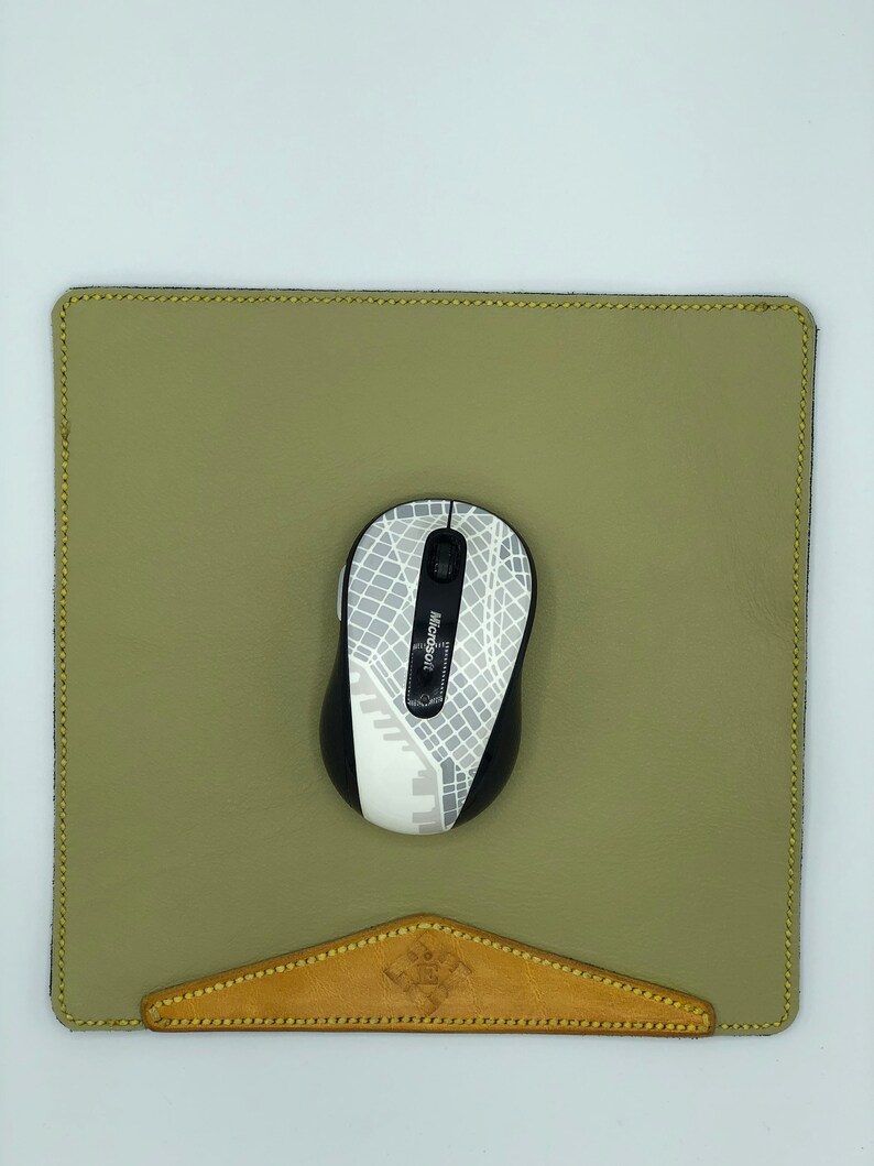 Double Layer Leather Mouse Pad Real Leather and Suede Green Mousepad with Yellow Vegetable Tan Wrist rest