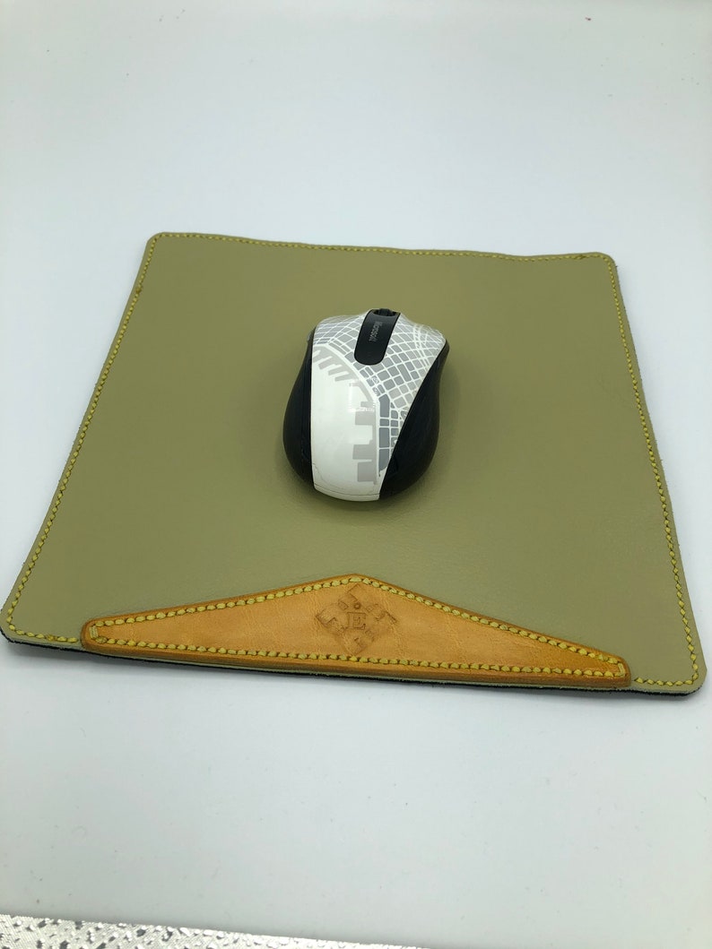 Double Layer Leather Mouse Pad Real Leather and Suede Green Mousepad with Yellow Vegetable Tan Wrist rest