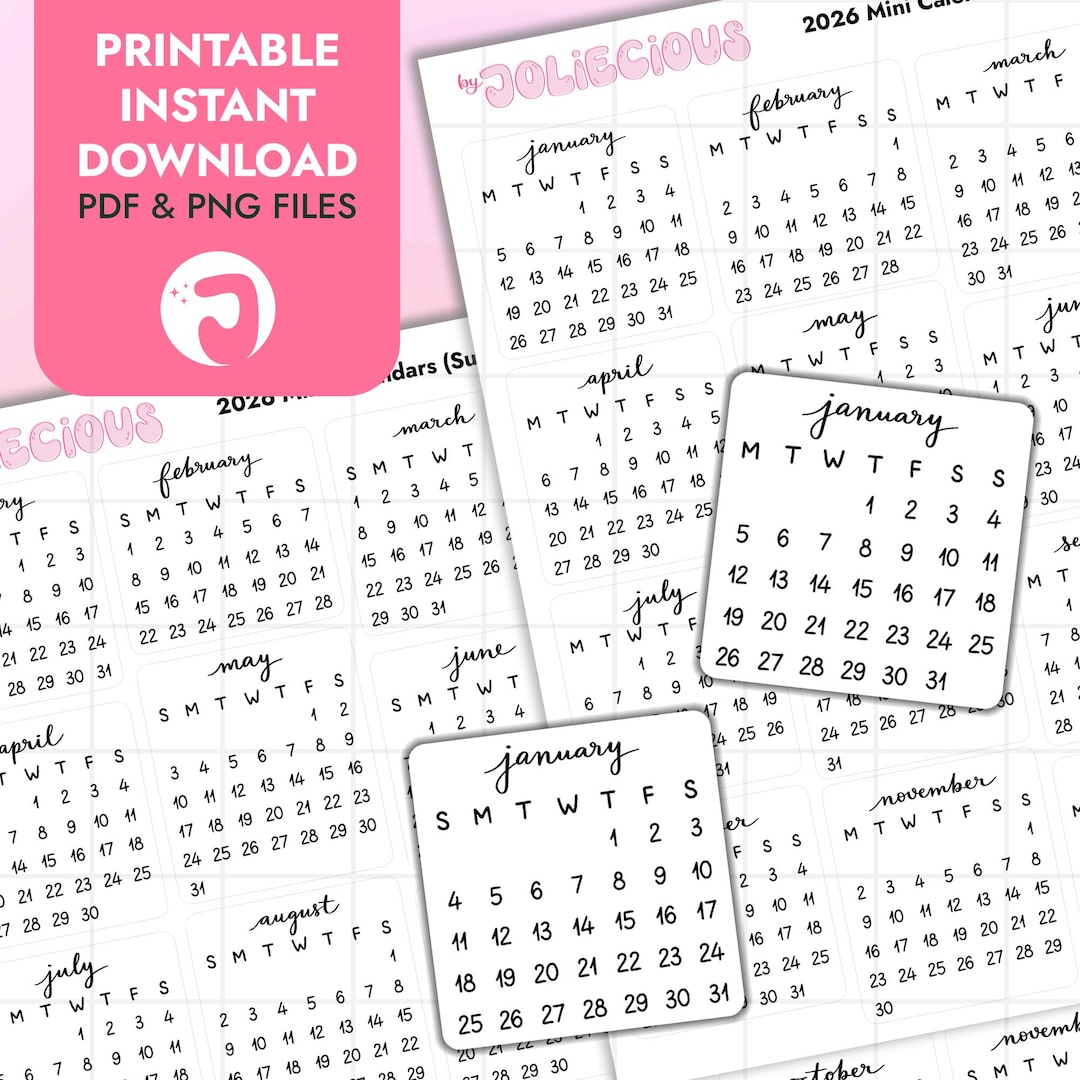 2026 Mini Calendar Printable Stickers – Digital Planner Stickers ...