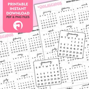 May include: Printable mini calendars with handwritten fonts. Each calendar displays a month with dates. The top left corner has the text "PRINTABLE INSTANT DOWNLOAD PDF & PNG FILES".
