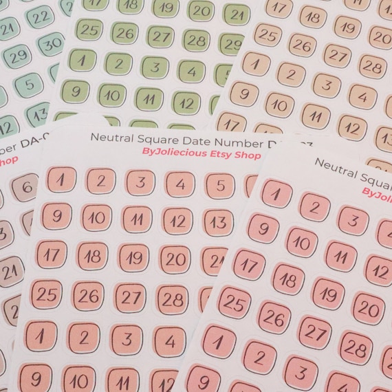 Square Neutral Color Date Number Stickers for Planner, Cute