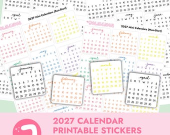2027 Mini Calendar Printable Stickers – Digital Planner Stickers, Monday & Sunday Start