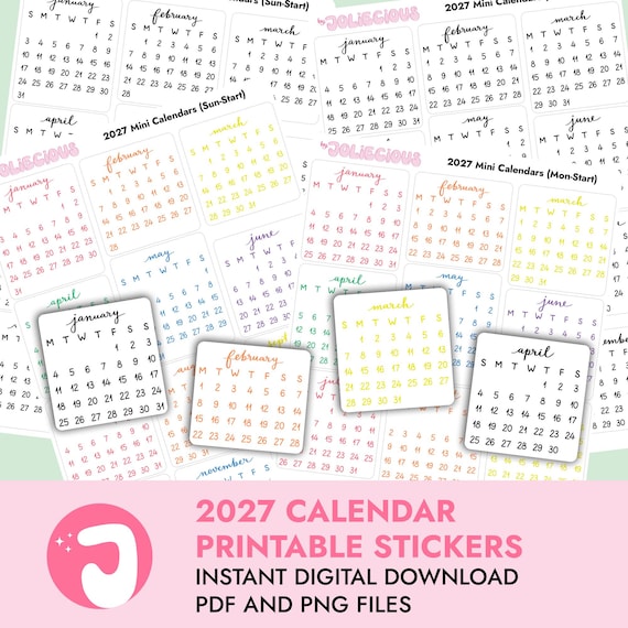 2027 Mini Calendar Printable Stickers – Digital Planner Stickers, Monday & Sunday Start