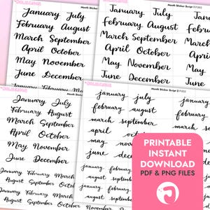 May include: Sheets of white stickers with black cursive text of the months of the year. The stickers are labeled "Month Sticker Script 1 P003" and "Month Sticker Script 2 P003". A pink square with the words "Printable Instant Download PDF & PNG Files" is in the image.