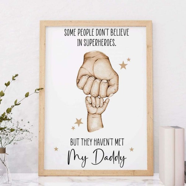 Daddy print, fathers day print, personalised family print, family wall art, holding hands, handprint, dad gift, superhero dad print