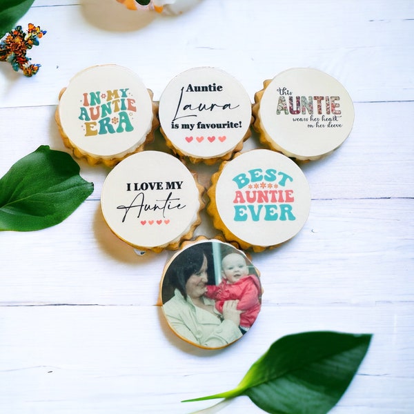 Set van 6 gepersonaliseerde tante fotokoekjes, gepersonaliseerde ijskoekjes, aangepaste koekjes, tante zoete traktatie, suikerkoekjes,