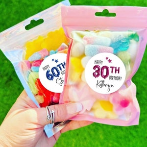 Personalised filled 30th 40th 50th birthday sweet bags, party favours, pick and mix, personalised stickers, party bags, sweet treats