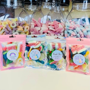 Personalised filled birthday party bag sweet pouches, kids party bags, personalised stickers, party sweets, birthday favours, pick and mix