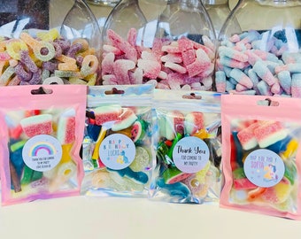 Personalised filled birthday party bag sweet pouches, kids party bags, personalised stickers, party sweets, birthday favours, pick and mix