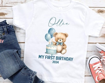 T-shirt personnalisé ours en peluche bleu premier anniversaire, 1er anniversaire, t-shirt joyeux anniversaire, anniversaire personnalisé, t-shirt garçon, t-shirt fille