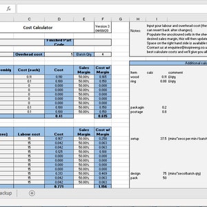 cost calculator, ready built spread sheet for calculating costs ideal for makers and small business, suitable for excel and google sheets