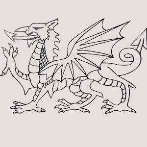 May include: A black and white line drawing of a dragon with wings outstretched. The dragon is facing to the right and has a curled tail.