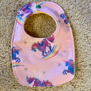 Unicorn bib, rainbow bib, infant bib, baby bib, baby shower gift, girl bib, reversible bib, snap bib, dribble bib, toddler bib, baby gift