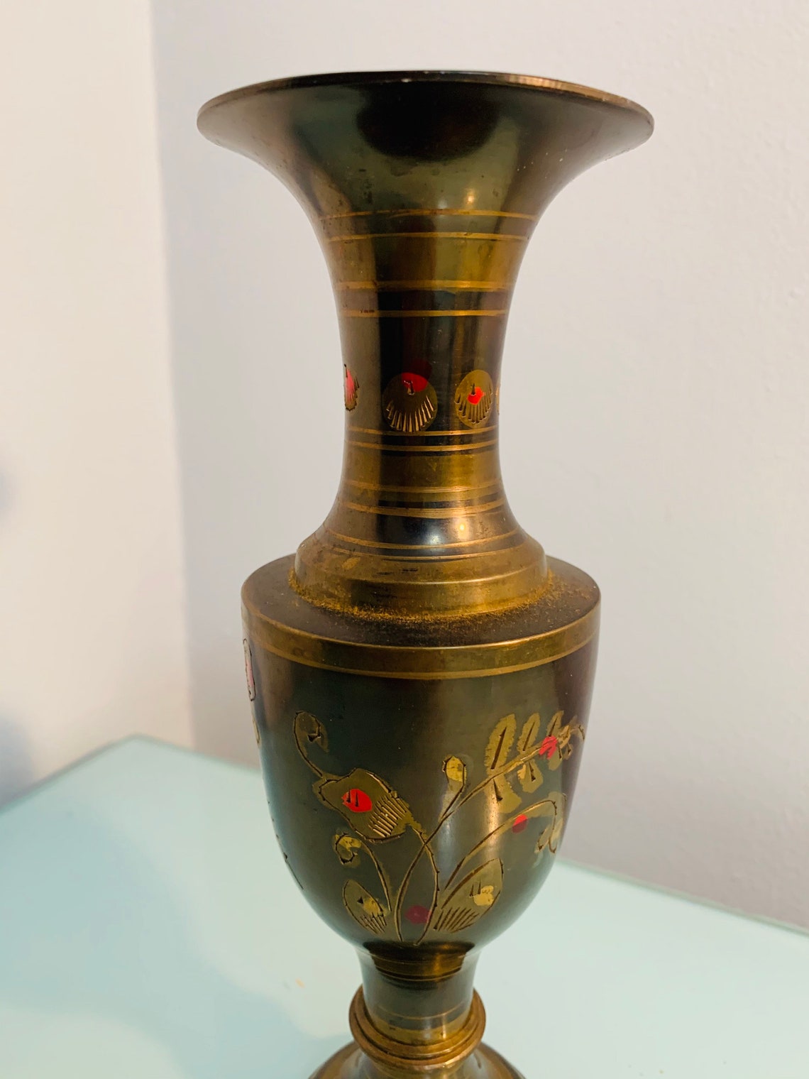 Vintage hand etched Brass Vase Black and gold Solid brass Etsy