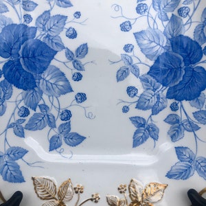 May include: A white porcelain plate with a blue and gold floral design. The plate has a scalloped edge and is decorated with a repeating pattern of leaves and berries.